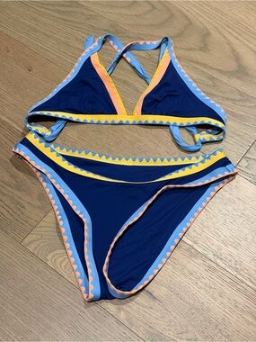 Lucky Brand Navy Triangle bikini with Colorful Trim